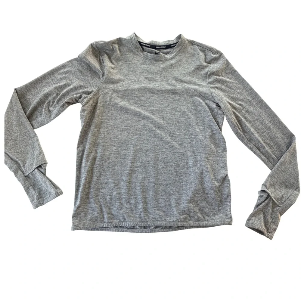 Nike Dri Fit Long Sleeve Running Top Women SM Gray Stretch Thumbholes Zip Pocket